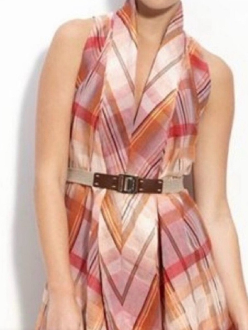 Hugo Boss Silk Linen Sleeveless A-Line Swing Dress Plaid Lagenlook Pockets Sz 10